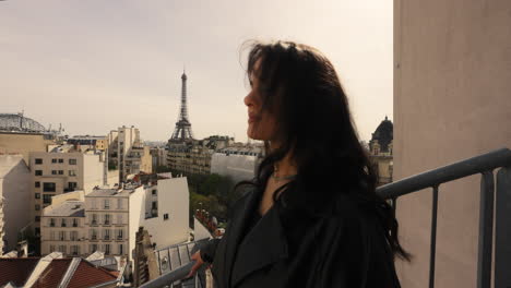 Lovely-Brunette-Tourist-At-The-Balcony-With-City-Views-At-The-Background-In-Paris,-France