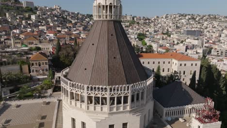 Close-aerial-of-dome-atop-Church-of-the-Annunciation-in-Nazareth,-ISR