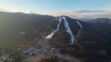 Drone-shots-of-Snow-skiing-slopes-in-Semmering,-Austria-late-season