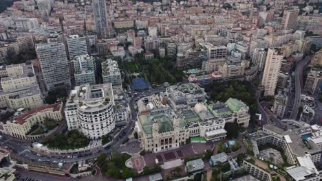 Monte-Carlo-Casino-Hotel-in-Downtown-Monaco-City,-Aerial-Drone-View