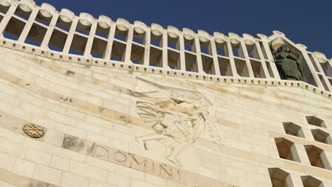 Stylized-carving-in-front-facade-of-Basilica-of-Annunciation,-Nazareth