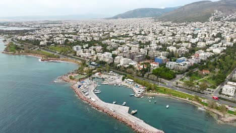 Aerial-paroramic-view-of-Glyfada-recreational-marina-with-boats-moored,-Greece