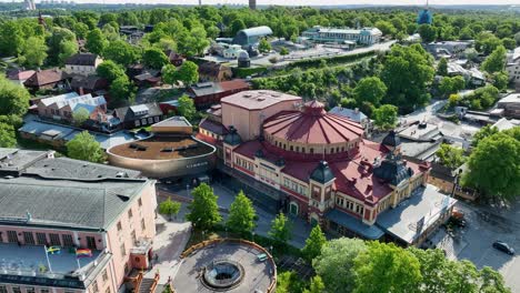 Aerial-parallax-over-Cirkus-arena-in-Stockholm,-famous-event-venue,-restaurants