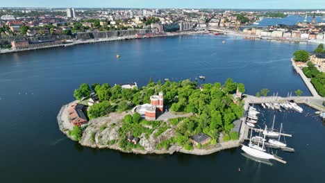 Aerial-parallax-over-Kastellet-Building-in-Kastellholmen-Island---Stockholm-Sweden