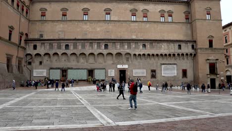 Low-angle--People-in-outside-Biblioteca-Salaborsa-in-Bologna,-Italy
