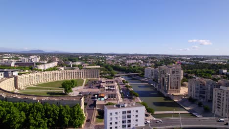 Aerial-dolly-shot-showing-the-Esplanade-de-l'Europe-and-the-Arbre-Blanc-apartment-complex