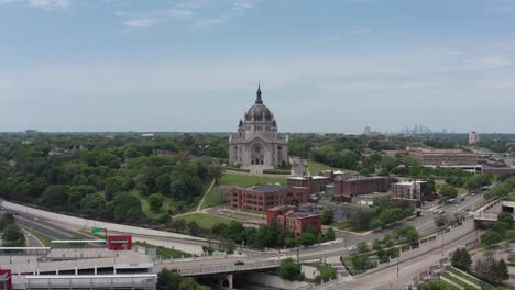 Super-wide-low-aerial-shot-of-the-iconic-Cathedral-of-Saint-Paul-in-Minnesota