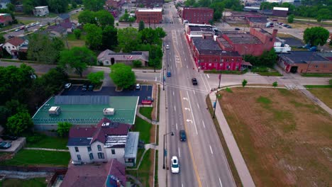 Dynamic-aerial-of-streets-downtown-Rockford-Illinois,-USA