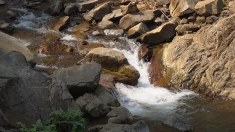 Closeup-detail:-Small-clear-water-creek-flows-through-golden-rocks