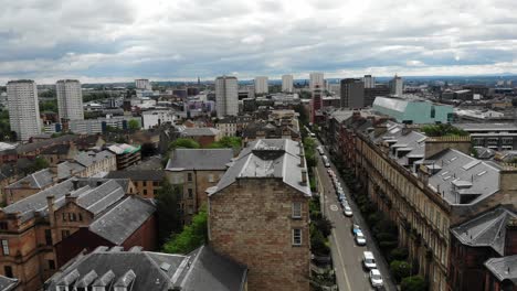 Glasgow-City-center-buildings-in-Scotland,-United-Kingdom---Drone-shot