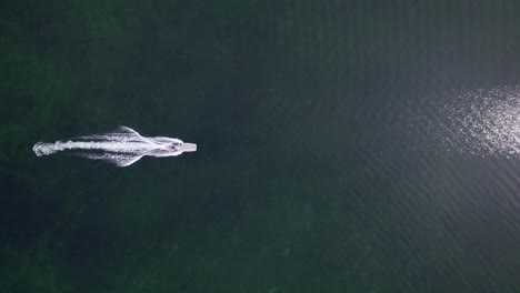tiny-boat-big-sea-topview-aerial-drone-shot-above-ocean,-fishing-boat-in-perfect-sea,-making-beautiful-symmetric-waves,-sun-reflection-in-surface,-upward-movement,-vertical-shot-and-horizontal