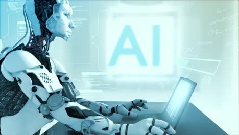 Hochwertige-3D-CGI-Profilaufnahme-Eines-Humanoiden-Roboters-Mit-Künstlicher-Intelligenz-An-Einem-Laptop-Computer-In-Einer-Virtuellen-KI-Umgebung,-In-Der-Daten-Und-Gleichungen-Um-Ihn-Herum-Schweben-–-Kaltes-Blaues-Farbschema