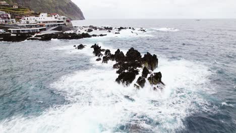 drone-view-Rocky-cliffs,-Coast-in-Madeira,-Portugal