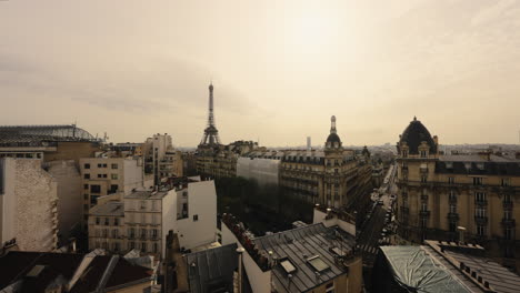 Panoramic-View-Of-Architecture-Buildings-With-Eiffel-Tower-In-Distance-At-The-City-Of-Paris-In-France