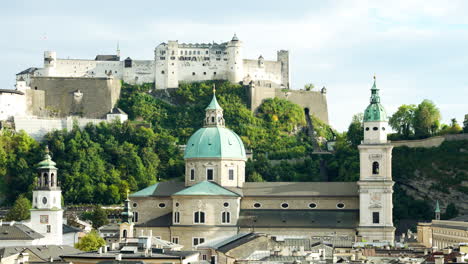 European-brick-castle-walls-overlook-townhall-city-center-of-salzburg-austria