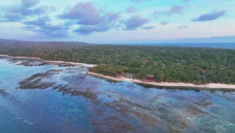 Panning-drone-clip-of-coastline-of-Grajagan-Bay-on-the-western-tip-of-Java,-with-extensive-jungle-and-coral-reef,-a-popular-surfing-destination