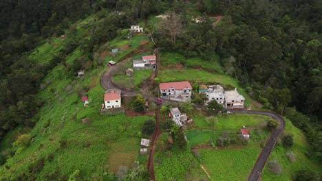 Drone-View-Pequeño-Pueblo,-Bosque-Después-De-La-Lluvia,-Madeira,-Portugal