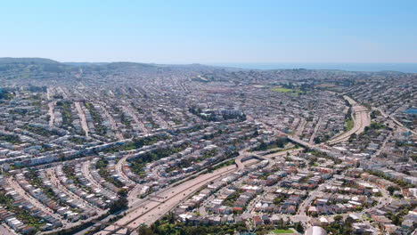 Large-residential-neighborhood-in-South-San-Francisco,-aerial-establishing-shot