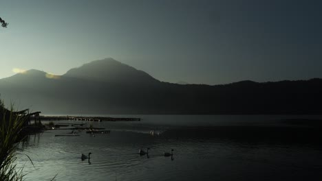 Aufsteigendes-Bild-Des-Vulkansees-Batur-Mit-Blick-Auf-Den-Berg-Batur-Und-Den-Ruhigen-See-Mit-Schwimmenden-Enten-An-Einem-Schönen-Morgen-Während-Der-Goldenen-Stunde