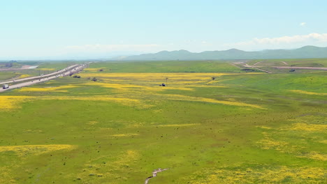 Aerial-view-flying-over-green-meadow-farmland-following-busy-highway-towards-hazy-mountain-range