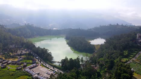 Warna-lake-and-majestic-landscape-of-Indonesia,-aerial-drone-view