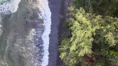 Top-down-drone-view,-slowly-moving-over-a-rocky-beach-in-Waipi'o-Valley,-Hawaii,-from-the-tree-line-to-sun-dappled-waters