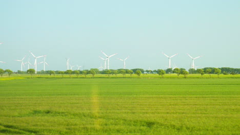 Malerische-Windparklandschaft:-Windkraftanlagen-Inmitten-Blauem-Himmel-Und-Grünen-Rapsfeldern