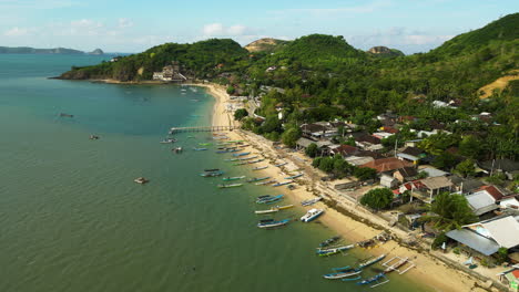 Exotic-coastal-township-in-Lombok-island,-aerial-drone-view