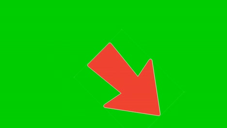 Símbolo-De-Signo-De-Flecha-Roja-De-Animación-En-Pantalla-Verde,-Flecha-De-Dibujos-Animados-De-Color-Rojo-Que-Apunta-A-Elementos-De-Superposición-De-Video-De-Imagen-Animada-De-4k-En-Diagonal