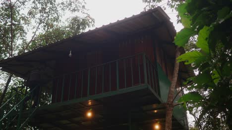 A-man-walks-up-the-stairs-of-a-tree-house-located-in-the-heart-of-a-lush-forest