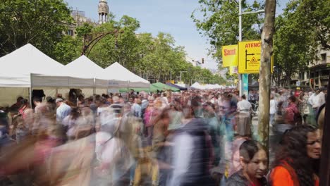 Menschen-Gehen-Bei-Der-Sant-Jordi-Feier-Spazieren,-Katalonien,-Barcelona,-Zeitrafferaufnahme