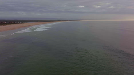 Africa-drone-aerial-cinematic-dolphins-pod-swimming-sunrise-sunset-early-morning-ocean-surf-waves-JBAY-Jefferys-Bay-Indian-Ocean-deep-aqua-blue-water-cloudy-golden-backward-from-shore-movement
