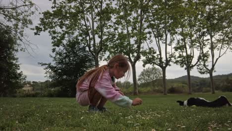 Girl-picking-flowers-in-a-meadow-while-the-family-dog-watches-over-her