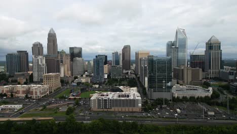 Cloudy-Charlotte-Skyline-Aerial-Drone-from-Right-to-Left