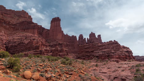 Timelapse,-Clouds-Moving-Above-Fisher-Towers-Rock-Formations-Near-Moab,-Utah-USA