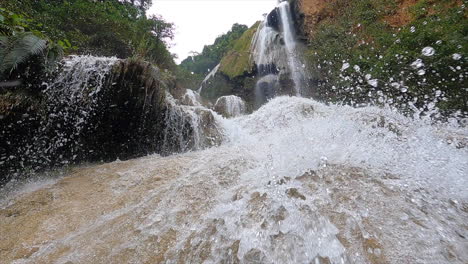 Impressive-immersive-footage-of-waterfall-in-Erawan-national-park,-Thailand