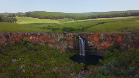 South-Africa-aerial-drone-Lisbon-Berlin-Falls-waterfalls-Sabie-cinematic-Kruger-National-Park-partially-cloudy-lush-spring-summer-green-stunning-river-landscape-bush-slowly-right-movement