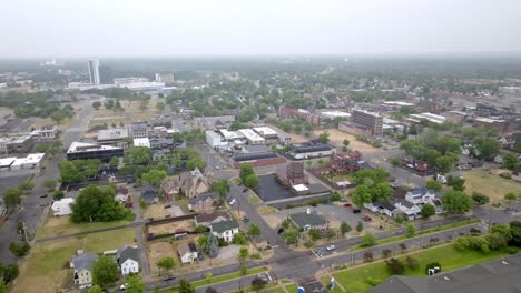 Downtown-Michigan-City,-Indiana-with-drone-video-moving-in-wide-shot