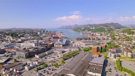 Panning-Drone-footage-of-a-City-at-the-end-of-a-Fjord-filled-with-blue-water,-mountains-and-nice-buildings