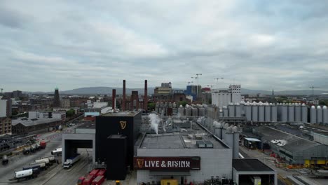 Aerial-drone-dolly-forward-shot-of-Guinness-factory-in-a-cloudy-day-in-Dublin