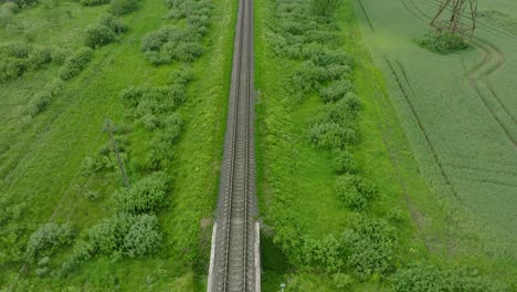 Aerial-birdseye-view-of-empty-railroad-train-tracks,-countryside-scenery,-fresh-green-forest-on-the-side,-overcast-cloudy-summer-day,-wide-drone-shot-moving-forward