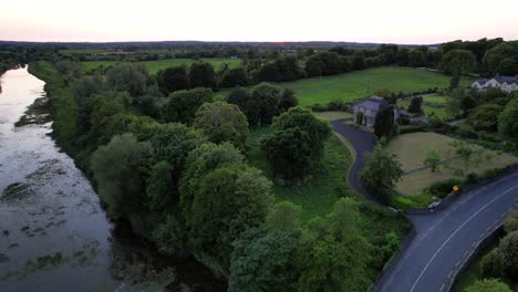 Aerial-drone-shot-of-Maigue-River-in-Adare,-Ireland,-Limerick-County