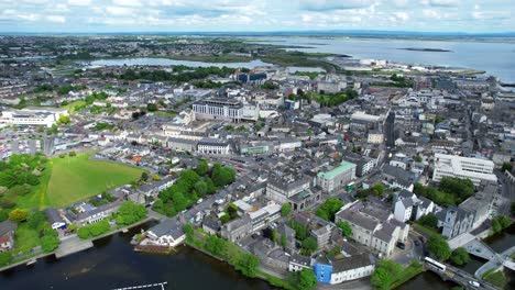 Aerial-drone-panning-shot-of-the-city-of-Galway-and-Corrib-River,-Ireland