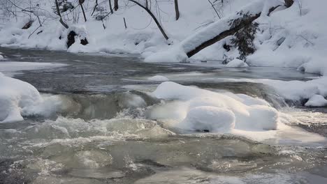 Cold-flowing-river-with-ice-snow,-sunlight-glimmers-on-Hogs-falls-ontario-canada