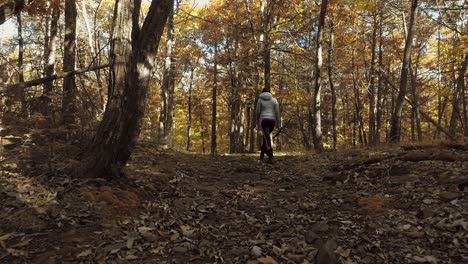Frau-Geht-An-Einem-Sonnigen-Herbsttag-In-Zeitlupe-Durch-Den-Wald,-Niedrige-Folgeaufnahme