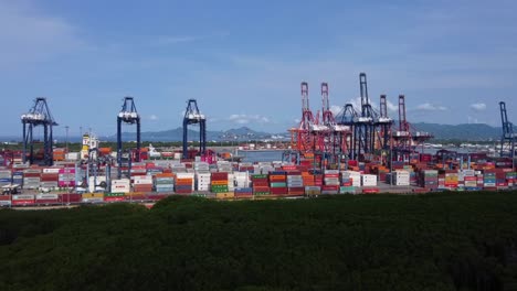 Shipping-containers-and-cranes-at-the-Port-of-Manzanillo,-drone-aerial-dolly-in