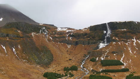 Vista-De-Drones-De-Cielos-Nublados,-Montañas,-Suelo-árido,-Valles-Y-Cascadas-En-Islandia