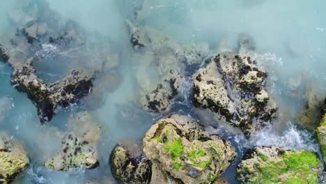 Splashing-Blue-Ocean-Water-Among-Rocks-Covered-in-Algae-Along-the-Seashore