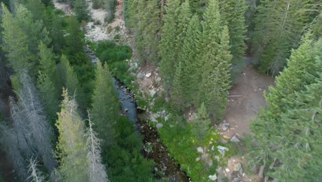 Aerial-Flyover-of-Stony-Creek-in-Sequoia-at-Sunset