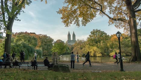 Hermoso-Lapso-De-Tiempo-Del-Parque-Central-En-Otoño-En-El-Lago